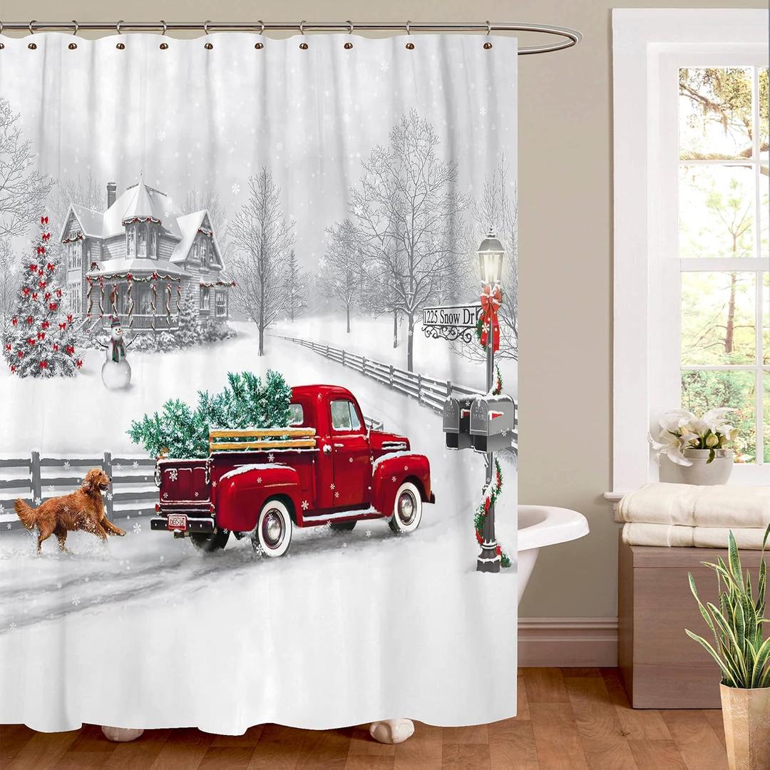 Jbralid Winter Christmas Shower Curtain White Snow Vintage Red Truck Holiday Trees and Pet Dog Welcome Home Bathroom Shower Curtain with Hooks Waterproof Home Decor Curtain 60x72 Inch