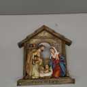 Nativity Sculpture - Carved Resin Holy Family with Angel Christmas Figurine, 9.25" Tall, in The Stable