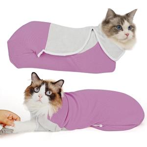 Self-Adhesive Cat Grooming Wrap, Cozy Cat Wrap for Cutting Nails, Breathable Anti-Scratch Cats Swaddle Bag for Brushing, Ear Cleaning, Dental Care, Medication, Injections, Pinkish Purple, Small