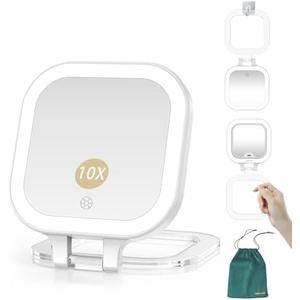 Mocado Compact Travel Makeup Mirror, 1X/10X Magnifying Mirror with Light, Double Sides Compact Mirror with 3 Color Light, Dimmable Handheld Mirror, Rechargeable Travel for Purse,Pocket(White)