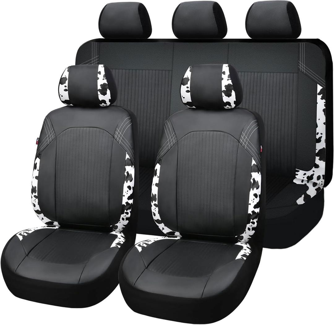 Flying Banner Synthetic Leather car seat Covers Full Set Front and Rear Bench Fashion Easy Installation Cup Holder Free (Black & Cow Print, Low Bucket - Full Set)