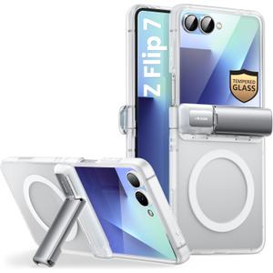 i-Blason for Samsung Galaxy Z Flip 7 Case with Stand [Tempered Glass Screen Protector] [Hinge Protection] [Support Wireless Charging] Slim Matte Protective Magnetic Phone Case for Z Flip 7, Clear