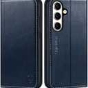 SHIELDON Case for Galaxy S25 Plus 6.7", Genuine Leather Wallet Flip Book RFID Blocking Card Holder Kickstand Shock Absorbing Protective Case Compatible with Galaxy S25+ 2025 - Retro Dark Blue