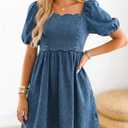 Denim Dress Babydoll Jean Square Neck Puff Sleeve Casual Country Concert Dresses with Pockets for Women 2026 (Blue, L)