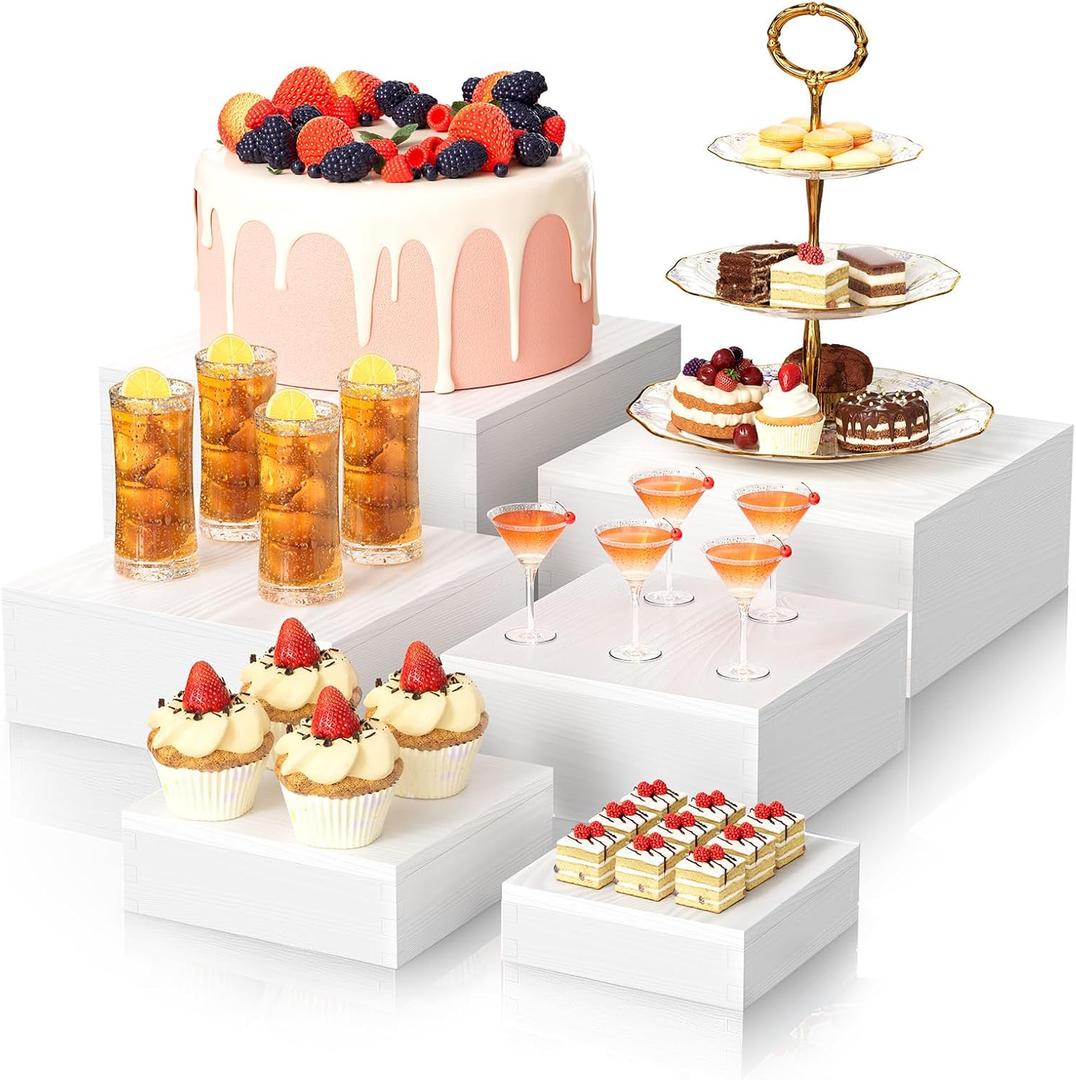 Wooden Cupcake Stand,6 PCS Dessert Table Display Set, White Risers,Food Risers For Buffet Table Display Stand Shelf For Party Catering Dessert Collectibles Cube Boxes Display Risers With Hollow Bottoms Set (Size 10"-9"-8"-7"-6"-5")