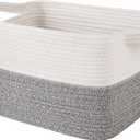 OIAHOMY Woven Storage Basket for Shelves, Rectangle Cotton Rope Baskets for Organizing, 13 x 10 x 9 in, Storage Bins for Dog Toys,Towel,Books,Gift,Grey and White