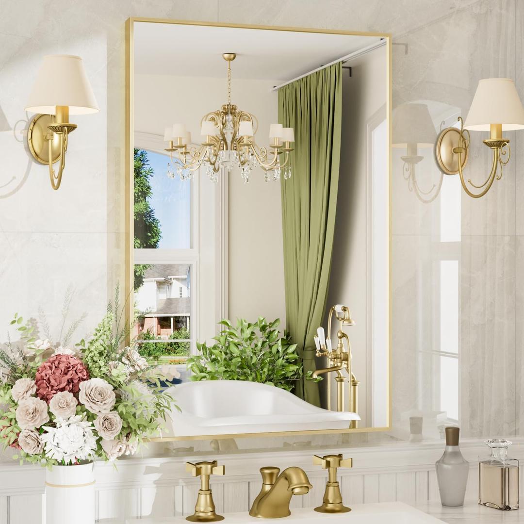 24"x36" Gold Rectangle Bathroom Mirror for Over Sink, Wall Mounted | Tempered Glass, Clear HD Reflection, Moisture-Resistant Aluminum Frame, Hangs Vertically or Horizontally for Bathroom Vanity