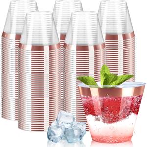 [200 Pack] 9oz Clear Plastic Cups with Rose Gold Rimmed Sturdy & Food Safe Disposable Wine Glasses Party Wedding Disposable Drinking Cups Plastic Cocktail Glasses for Wine, Juice & Cold Beverages
