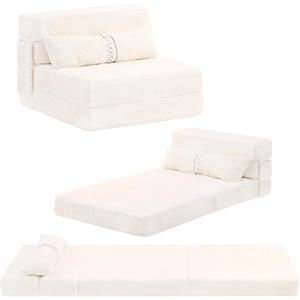 Tiita Folding Sofa Bed Couch,Single Size Foldable Futon Chair Bed with Pillow, Folding Sleeper Sofa Chair Bed Floor Mattress for Guest Room, Living Room, Beige