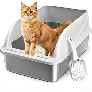 Stainless Steel High Sides Cat Litter Box with Scoop, Open Top Litter Pan for Indoor Cats, Easy to Clean, Reduced Litter Scatter, Medium