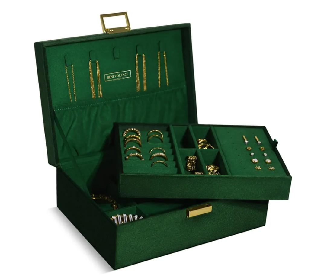 Benevolence LA 2 Layer Jewelry Box for Women, Large Velvet Jewelry Organizer with Decorative Lock, Removable Jewelry Tray, Earrings, Bracelets, Rings and Necklace Storage Box - Emerald