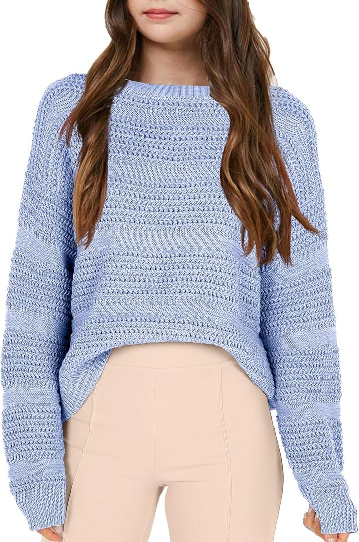Girls Pullover Sweater Crewneck Long Sleeve Solid Soft Knit Sweater (7-8 Years, Blue)