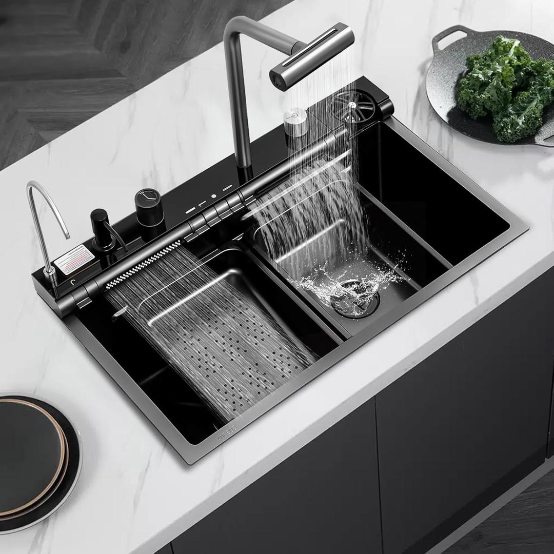30in Black Drop In Kitchen Sink Multifunctional Digital Display Smart Drop In Kitchen Sink Honeycomb Nano Modern Kitchen Sinks with Cutting Board & 4 in 1 Pull-Out Faucet Workstation Sink
