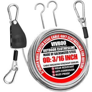40ft Clothes Line Outdoors 3/16" Wire Ropes Silver PVC Coating Laundry Drying Clothesline Retractor with Metal Hooks Heavy Duty for Umbrella Travel Outside Camping Backyard