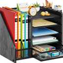 Marbrasse Desk Organizer with File Holder, 5-Tier Paper Letter Tray Organizer with Drawer and 2 Pen Holder, Mesh Desktop Organizer and Storage with Magazine Holder for Office Supplies (Wood-Black)