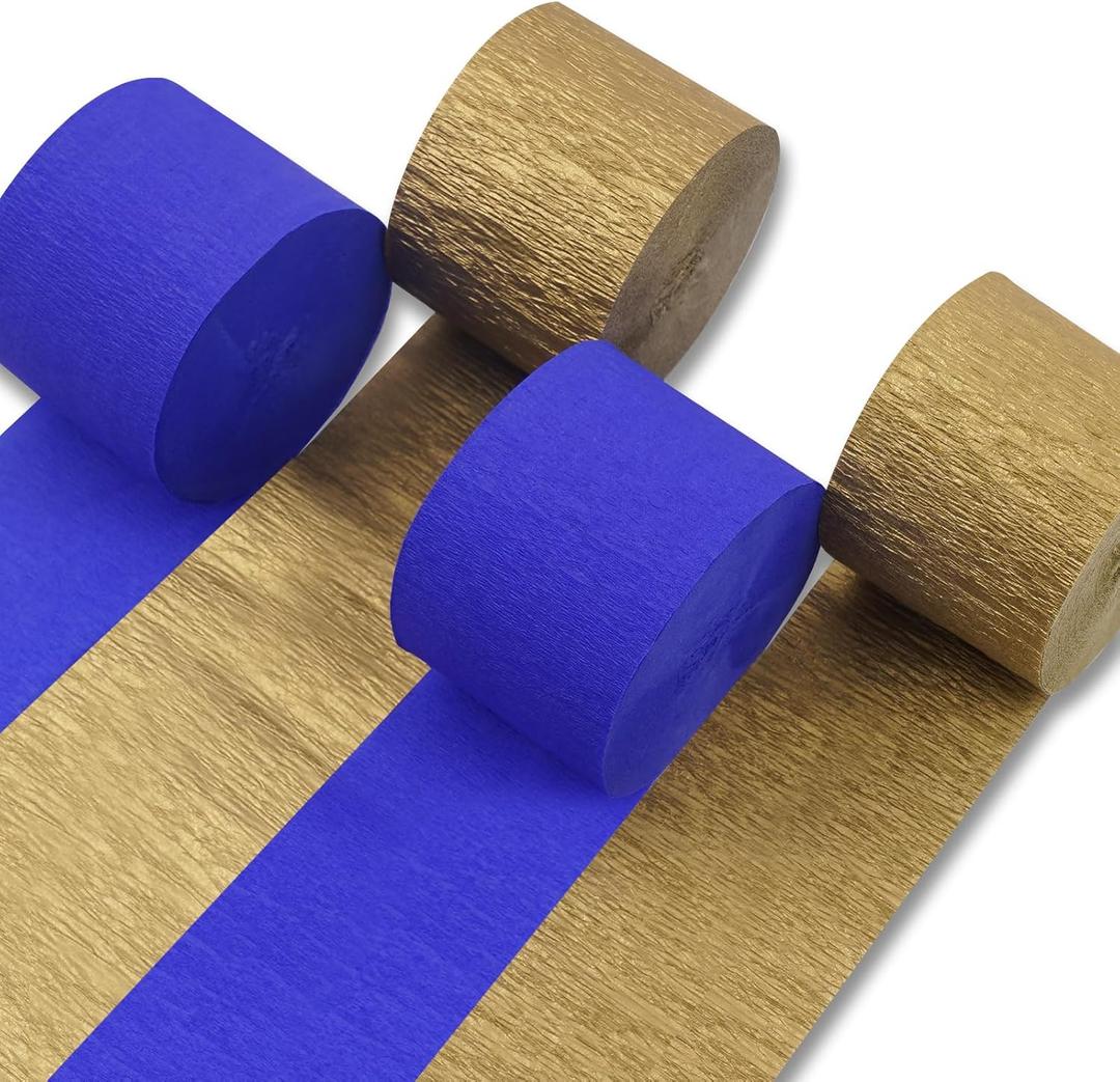 PartyWoo Crepe Paper Streamers 4 Rolls 328ft, Pack of Crepe Paper Metallic Gold and Royal Blue Party Streamers, Crepe Paper for Party Decorations, Ramadan Mubarak Decorations (1.8 in x 82 Ft/Roll)
