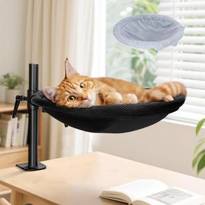 Topmart Cat Desk Bed with 360° Rotating & Adjustable Height, Cat Hammock for Desk with 2 Washable Pads, Easy to Install, Kittens Bed for Desk Attachment for Home Office,Up to 45LBS, Grey & Black