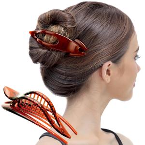 RC ROCHE 1 Pcs Flat Hair Clips Big Claw for Thick Hair French Duckbill Women No Slip Side Slide Curved Alligator Concord Strong Grip Hold Volume Lay Down Clamp, Large Brown