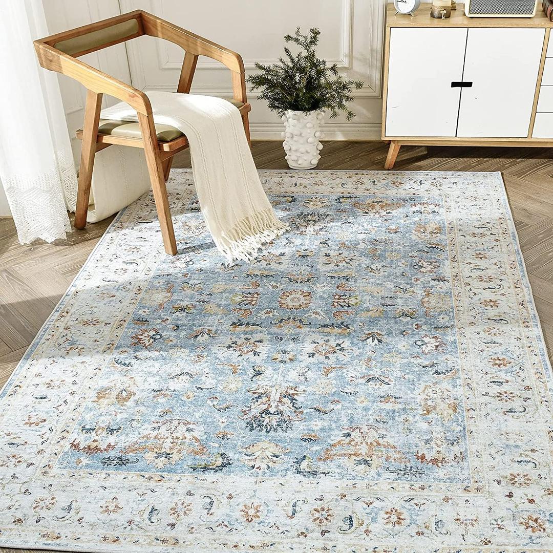jinchan Area Rug 3x5 Entryway Rug - Washable Vintage Boho Floral Floor Cover Lightweight Low Pile Indoor Doormat Thin Non-Slip Carpet for Kitchen Living Room Bedroom Dining Room Office Light Blue (Distressed Blue Multi)
