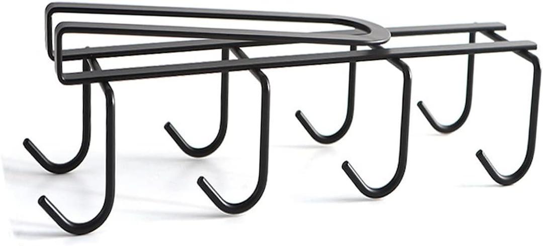 Iron Mug Holder 8 Hooks Under Cabinet Tea Cup Hanging Rack No Drilling Metal Coffee Mug Drying Organizer Kitchen Utensils Storage, Fit for 0.98 Inch/2.5 cm Thickness Shelf (Black)