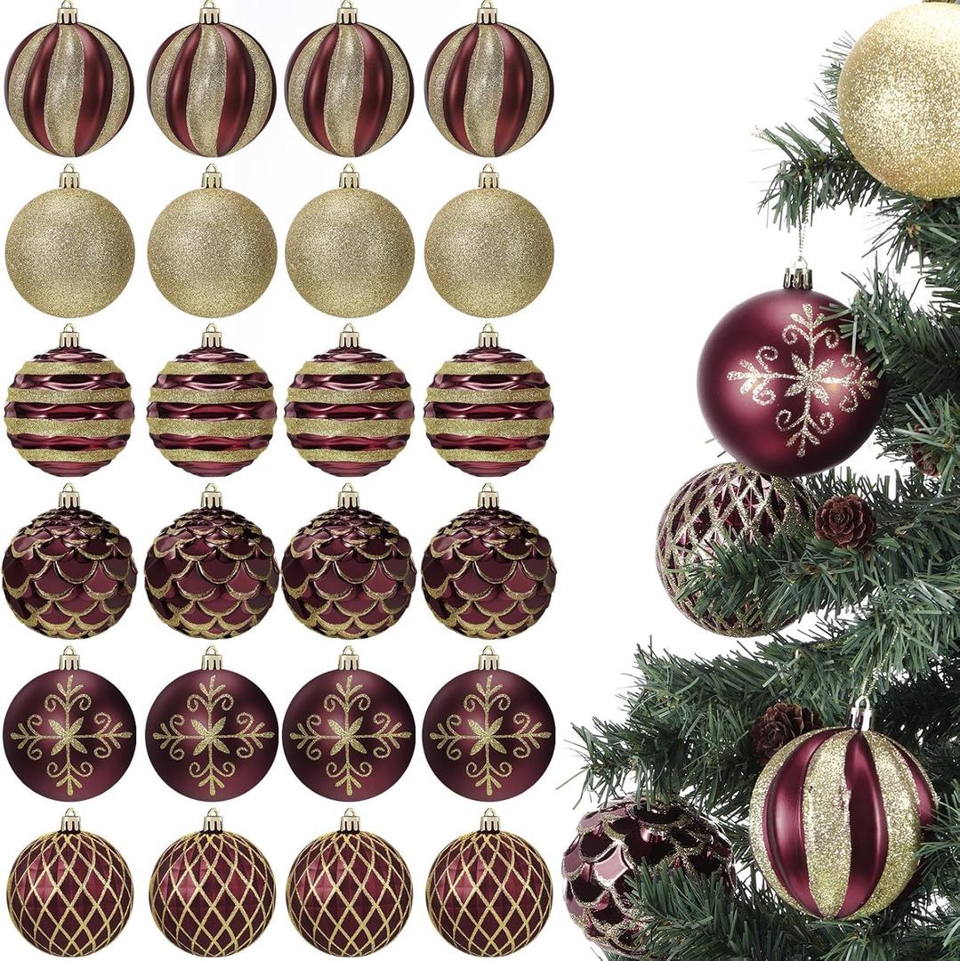 Soulchen 24 Pcs Christmas Balls Ornaments 3.15'' Vintage Hanging Christmas Tree Decor Ball Set for Xmas Tree Decorations Party Home (Dark Brown)