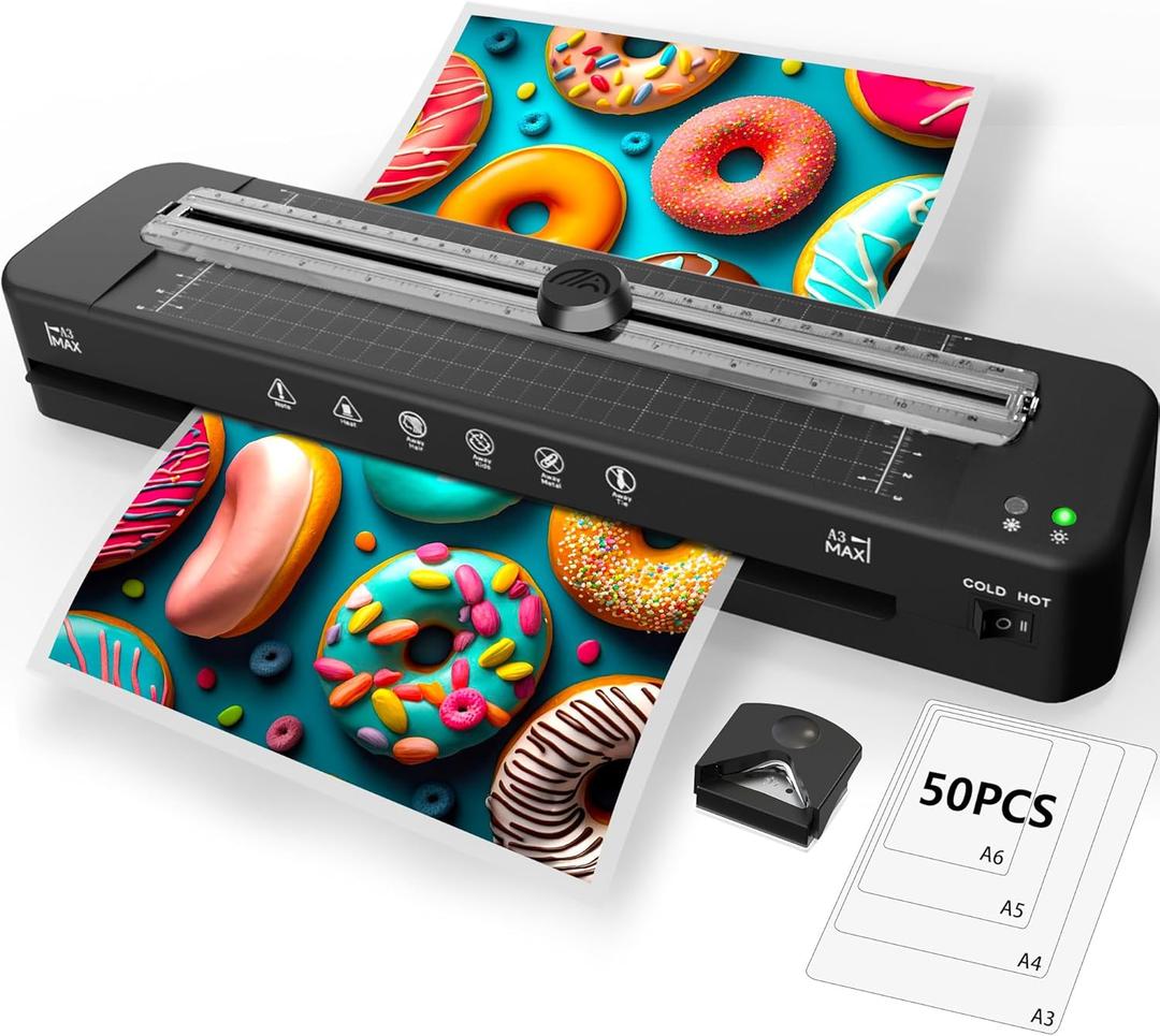 13 Inch Laminator Machine - 11x17 Laminator with 50 Sheets, Cold & Thermal, Built-in Paper Cutter & Corner Rounder, A3 Laminating Machine for Classroom Home School (Black)