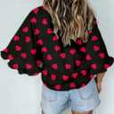 Roshop Valentines Shirts Women's Heart Blouse Dressy 3 4 Ruffled Bell Sleeve Cute Hearts Shirt (Large, Red Heart Black-x)
