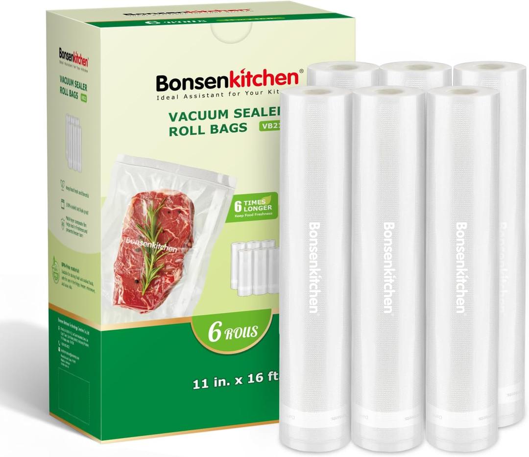 Bonsenkitchen 6 Rolls 11" x 16' Vacuum Sealer Bags for Food with a Color Box, Easy to Store, Commercial Grade, BPA Free, Great for Food Storage or Sous Vide, VB21