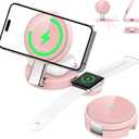 3 in 1 Magnetic Wireless Charging Station for iPhone 17/16/15/14/13/12 Series, Apple Watch and AirPods, MagSafe-Compatible 15W Fast Charging Stand, Foldable Adjustable Travel Charger, Pink