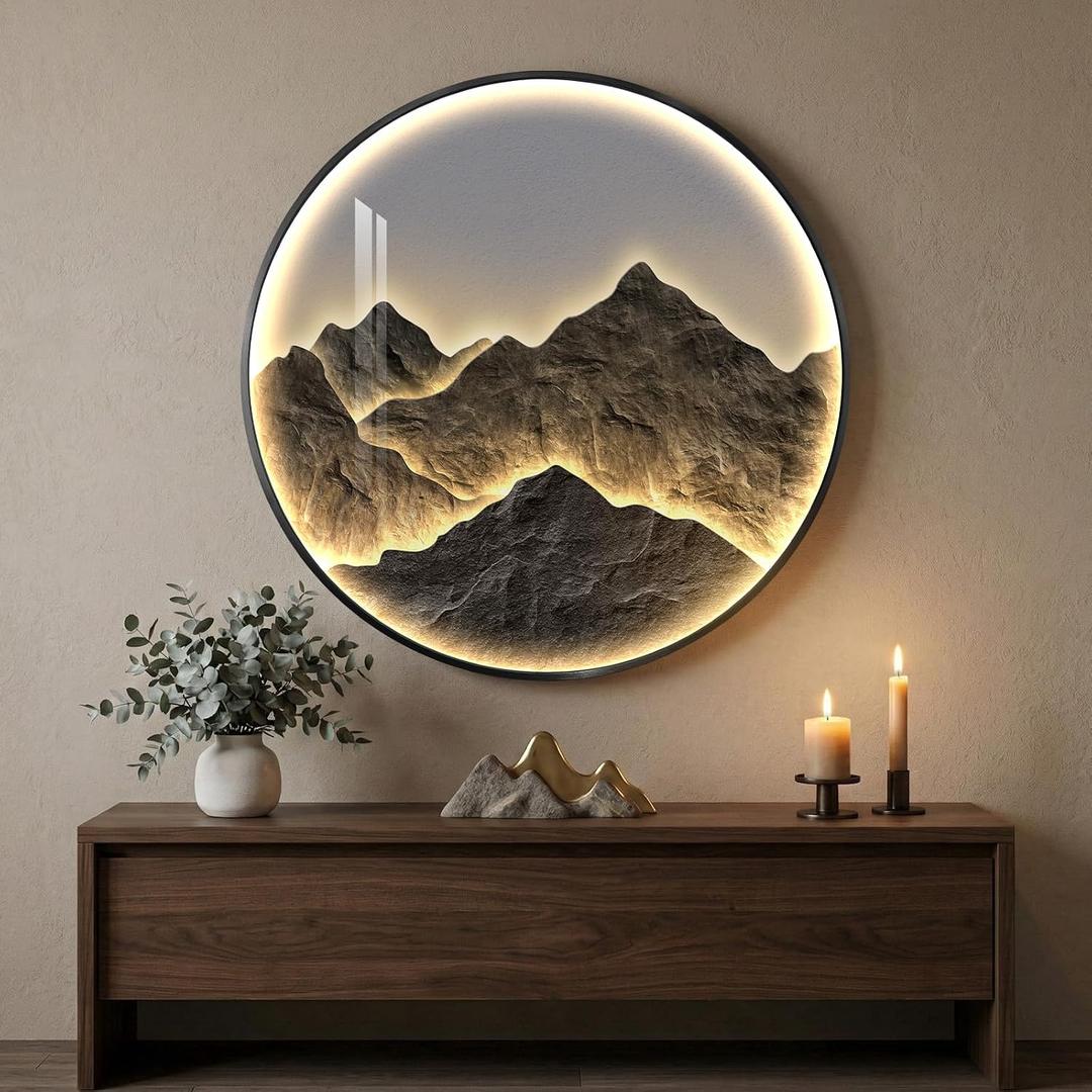 Framed LED Mountain Wall Art for Living Room, Large Modern Round 30x30 Inch, 29.5"L x 29.5"W