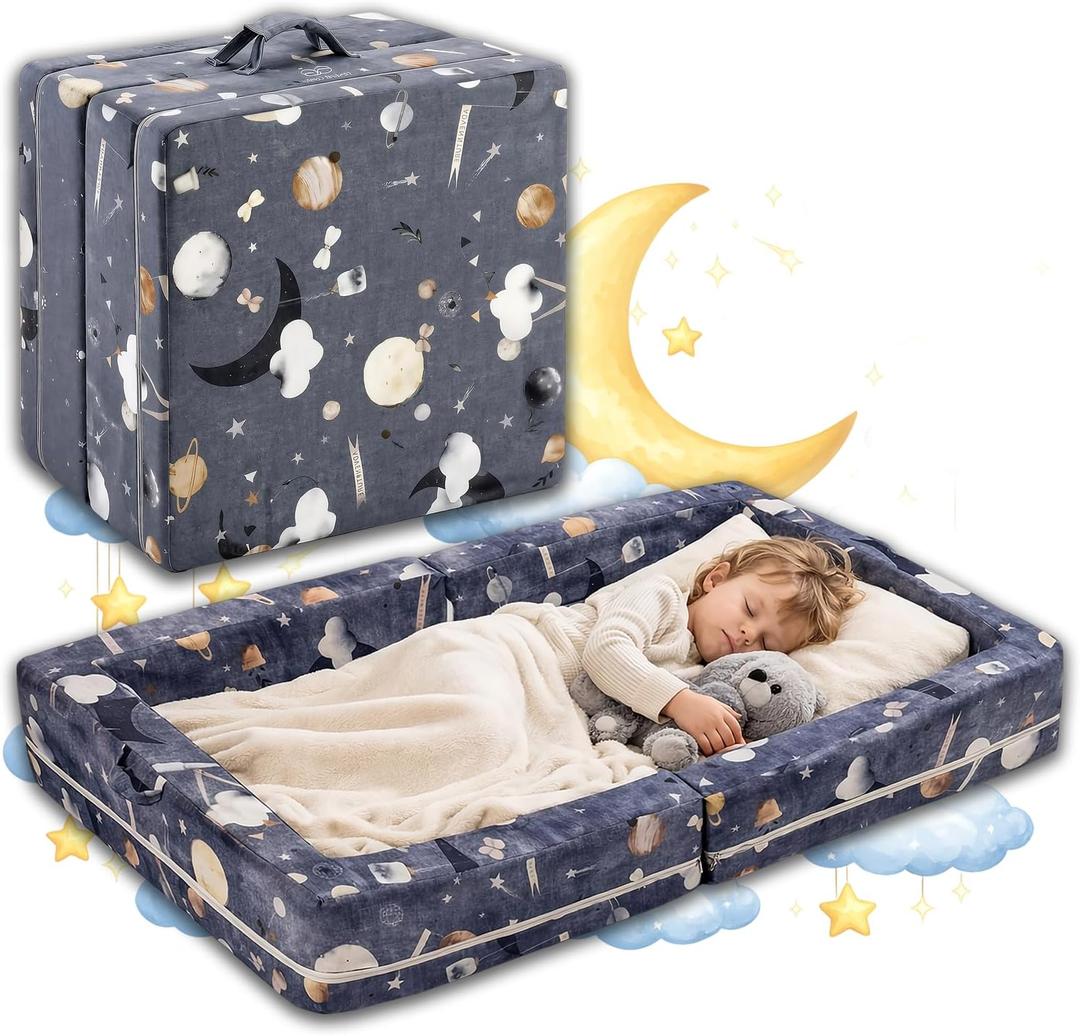 Portable Toddler Bed Foldable Toddler Travel Bed & Folding Floor Bed for Kids/Toddlers 1-5, High-Density Foam, Safety Rails, Washable Cover, No Assembly