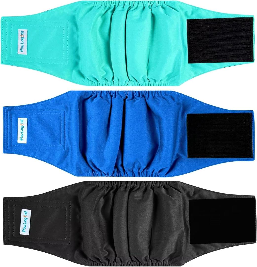 Paw Legend Washable Dog Belly Band Wrap Diapers for Male Dog | High Absorbing Puppy & Doggy Diapers Male (3 Pack,Blue,Aqua,Black,Large)