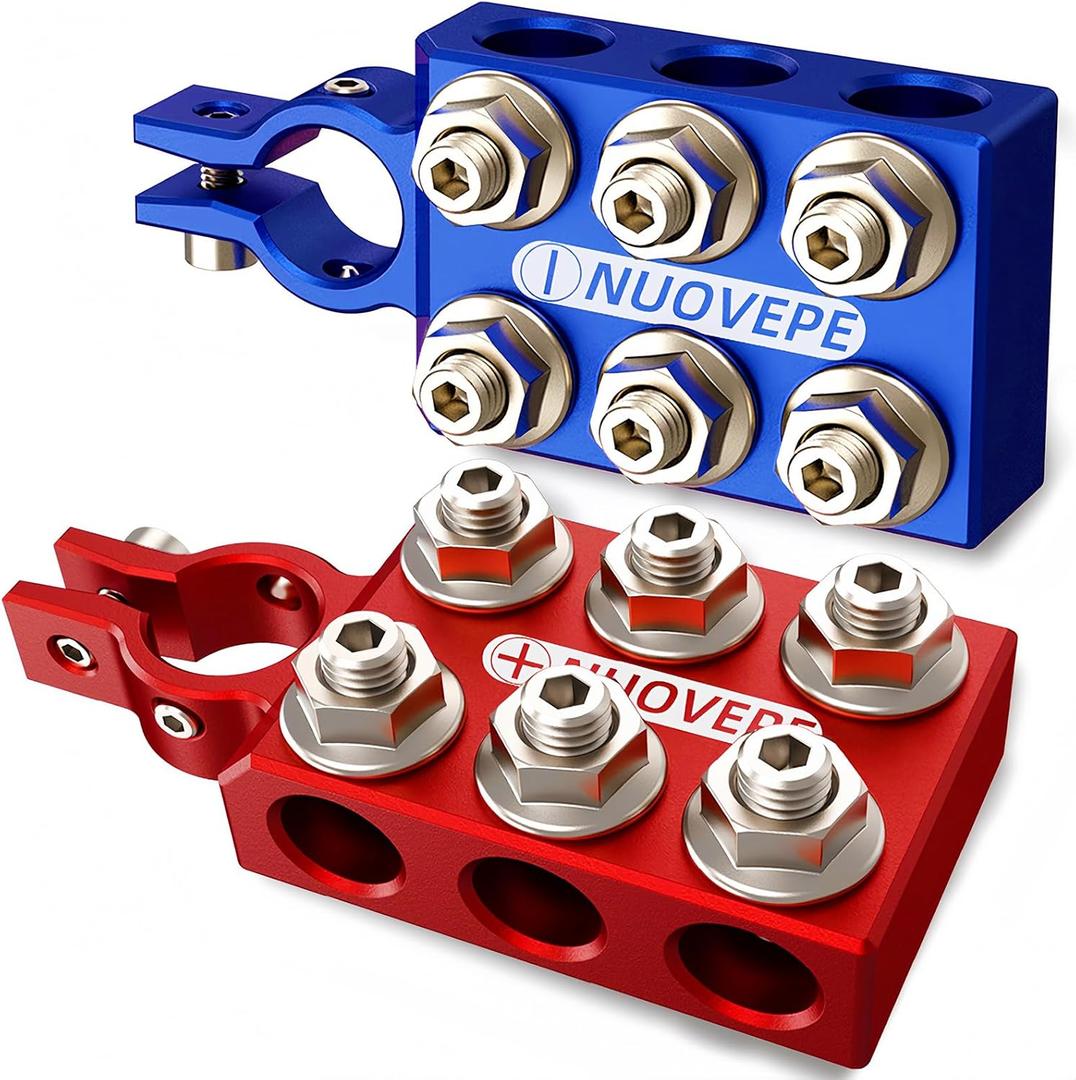 Heavy Duty Battery-Terminal-Connector: 12-Way Car Battery Terminals, Aluminum Corrosion Resistant, 8AWG up to 4/0(XL) AWG Gauge, Fits SAE/DIN/EN Top Post for Car Audio, Winch, Truck, Off-Road (12-Way (Red & Blue Pair))
