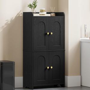 HEXCELEN Small Storage Cabinet, Bathroom Storage Cabinet with 4 Doors, Floor Bathroom Organizer Freestanding for Small Spaces, Living Room, Kitchen, Entryway (Mediterranean, Black)