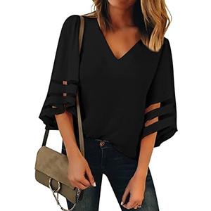 Utyful Dressy Tops for Women Women's Summer Casual V Neck Mesh Panel 3/4 Bell Sleeve Loose Blouse Top, L