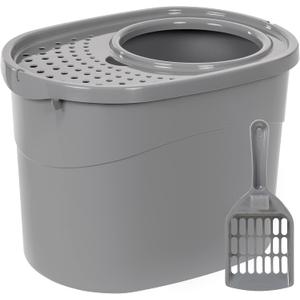 Amazon Basics Large Cat Litter Box with High Sides, Top Entry, Odor Control, Includes Scoop, 20.5 x 14.75 x 14.38 inches, Grey