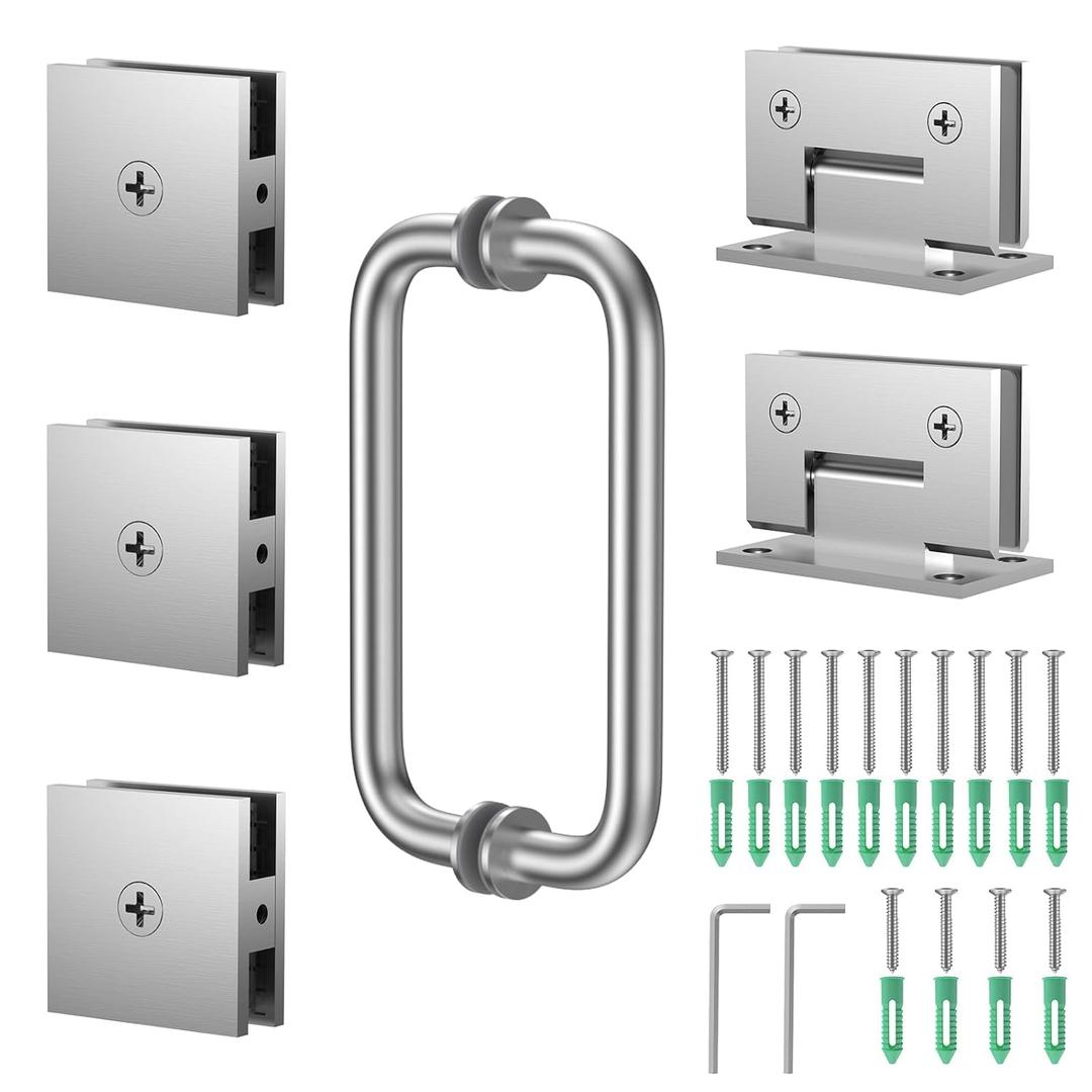 Shower Door Hardware Kit 304 Stainless Steel for 6/25"-1/2" (6mm-12mm) Tempered Glass, Hardware Accessories with 8" Handles Hinges Glass Clamp - Brushed Silver