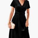 OUGES Womens Short Sleeve Wrap V Neck Velvet Midi Cocktail Dress with Pockets Summer Dress 2023, Size 2XL