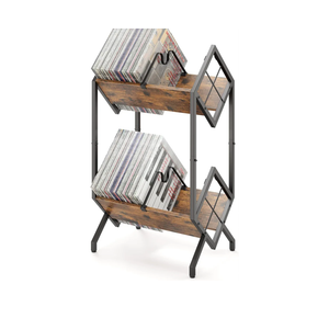 2-Tier-Vinyl-Record-Storage-Holder With Dividers, Metal Album storage for vinyl records display Shelf, Vintage 160-200 LP Storage Shelf Stand (Rustic Brown-2 Tier)