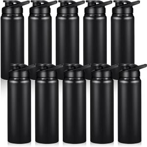 CHENGU 10 Pcs Aluminum Water Bottle 24oz Aluminum Reusable Bottles Lightweight Snap Lid Sports Water Multipack Easy Carry Leak Proof Travel for Gym Camping Hiking Outdoor Fishing (Black)