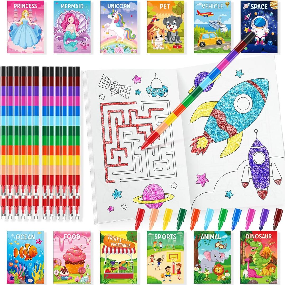 BenLouis Coloring Books for Kids With Stacking Crayons Set Mini Coloring Books Bulk for Ages 4-8-12 Small Activity Books for Birthday Party Gifts Goodie Bags Stuffers Travel12+12Pcs Classic
