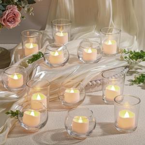 Funnymoom 12 Set Assorted Votive Candle Holders with LED Tea Light Decorative Mercury Glass Votive Tealight Holder Flameless Battery Operated Wedding Centerpieces Bridal Party Table Decoration (Clear)