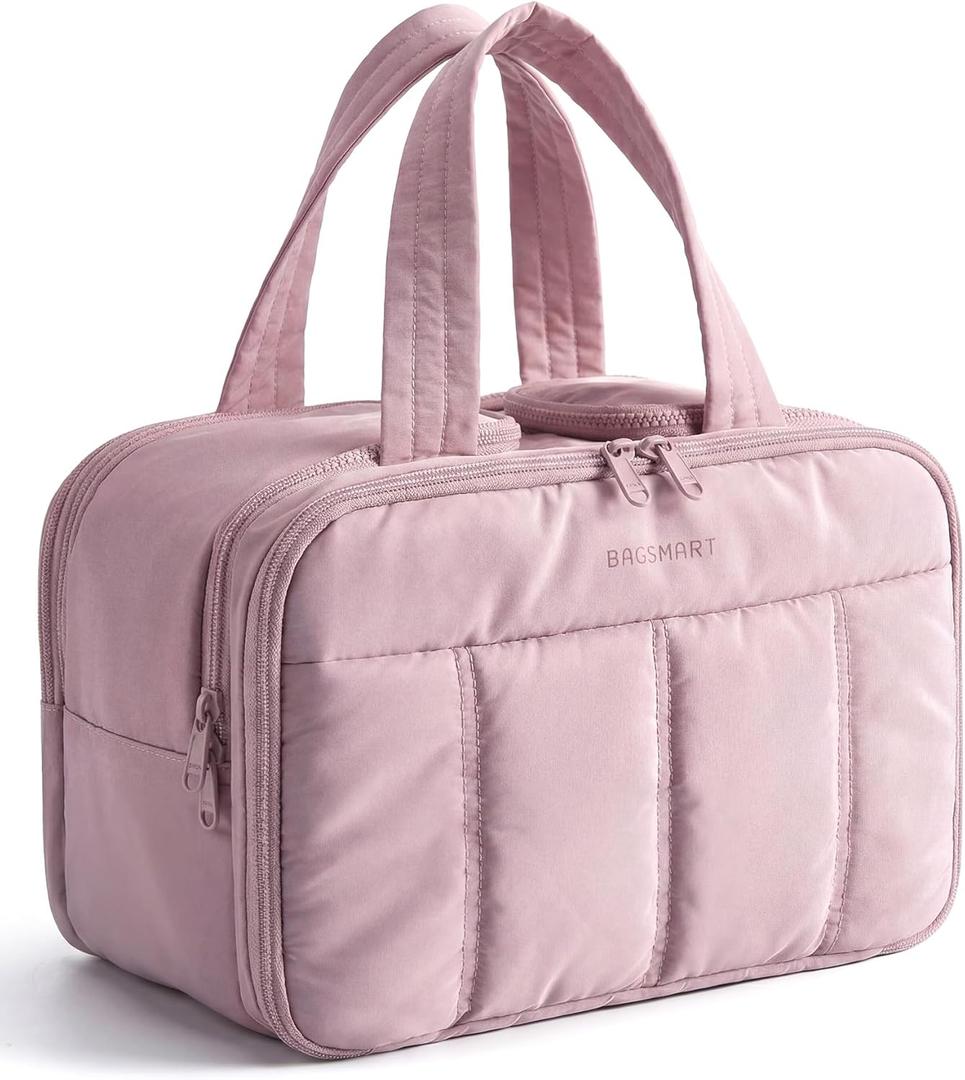 BAGSMART Travel Toiletry Bag, Puffy Large Toiletry Bag for Women, Lightweight Cosmetic Makeup Bag Organizer with Handle for Traveling, Accessories, Essentials, Toiletries (Purple)