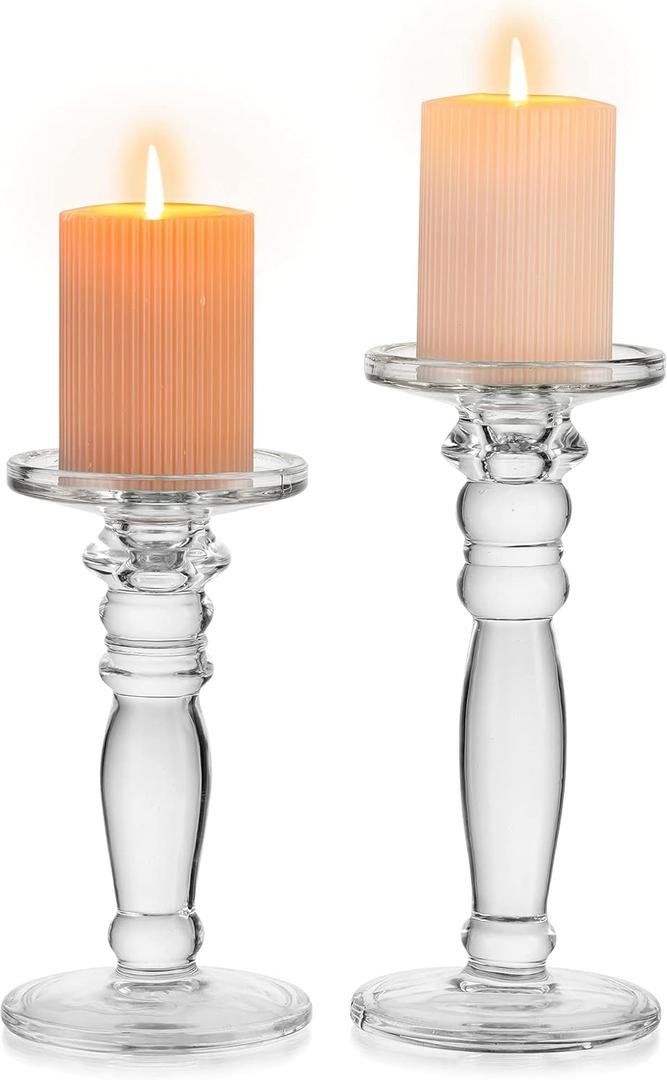 NUPTIO 2 Pcs Glass Candlestick Holders Pillar Candle Holder, Crystal Taper Candle Holder Wedding Decoration Centerpieces for Dining Table, Tapered Candle Holders for Living Room Christmas Halloween