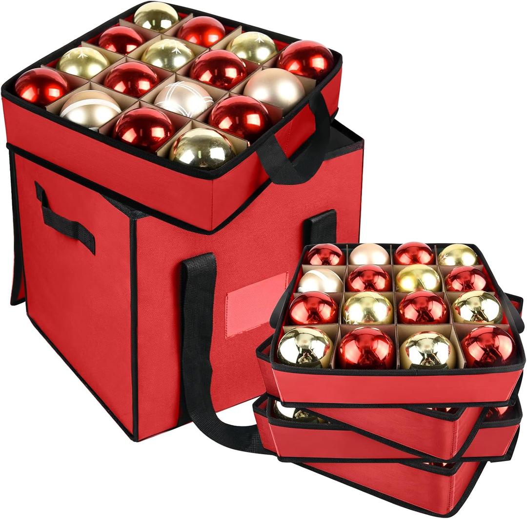 Christmas Ornament Storage Box with Dividers, Christmas Balls Storage Containers with Zipper & 4 Removable Trays - Holds Up to 64 Balls - 600D Oxford Christmas Decoration Storage Organizer (Red)