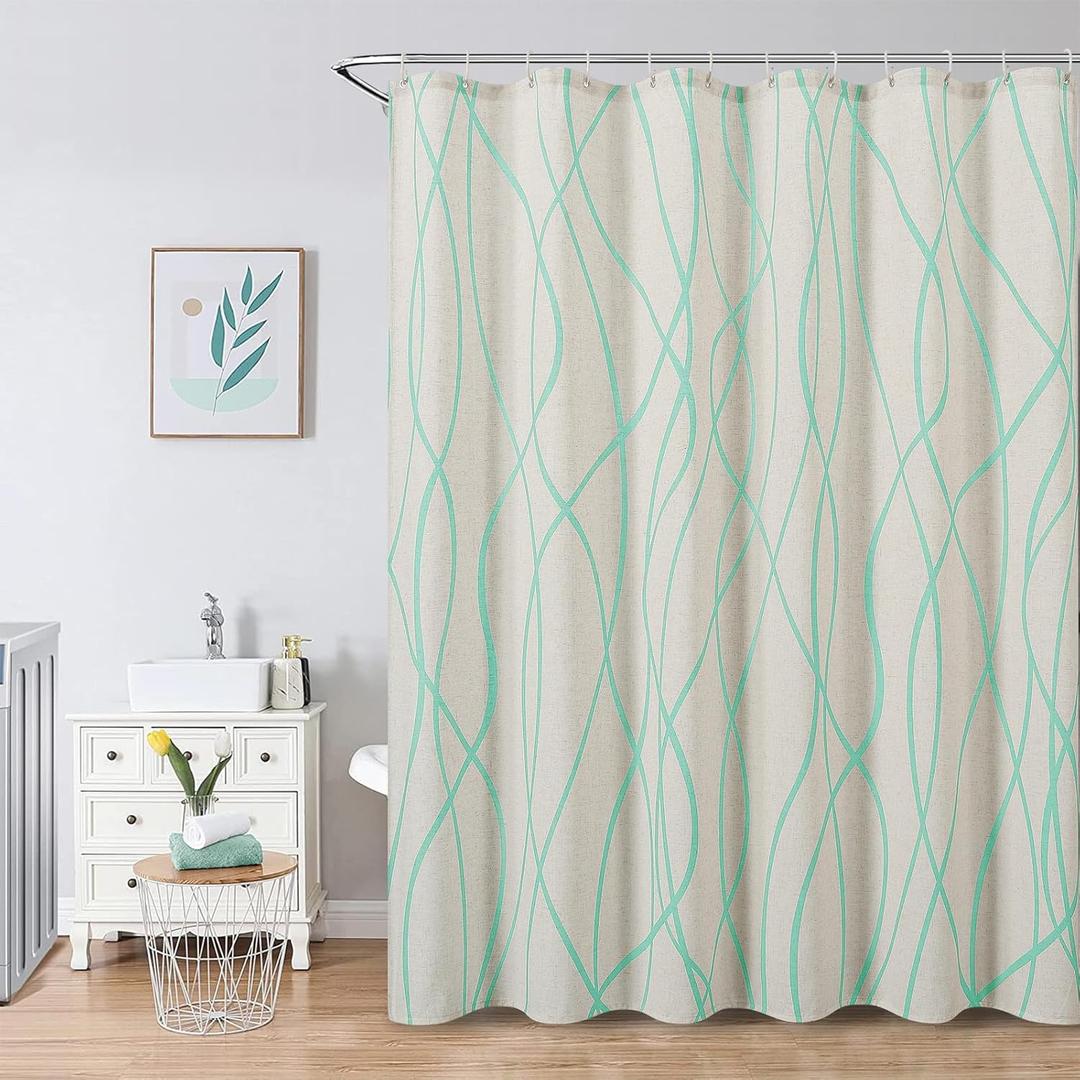 Mint Green Modern Farmhouse Linen Shower Curtain, Country Cottage Bathroom Decor Striped Minimal Boho Textured Linen Shower Curtain Set with Hooks, 72x72
