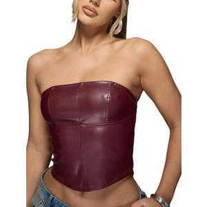 Verdusa Women's Leather Top Backless Tube Top Strapless Crop Corset Tops Going Out Outfits (X-Large, Burgundy)