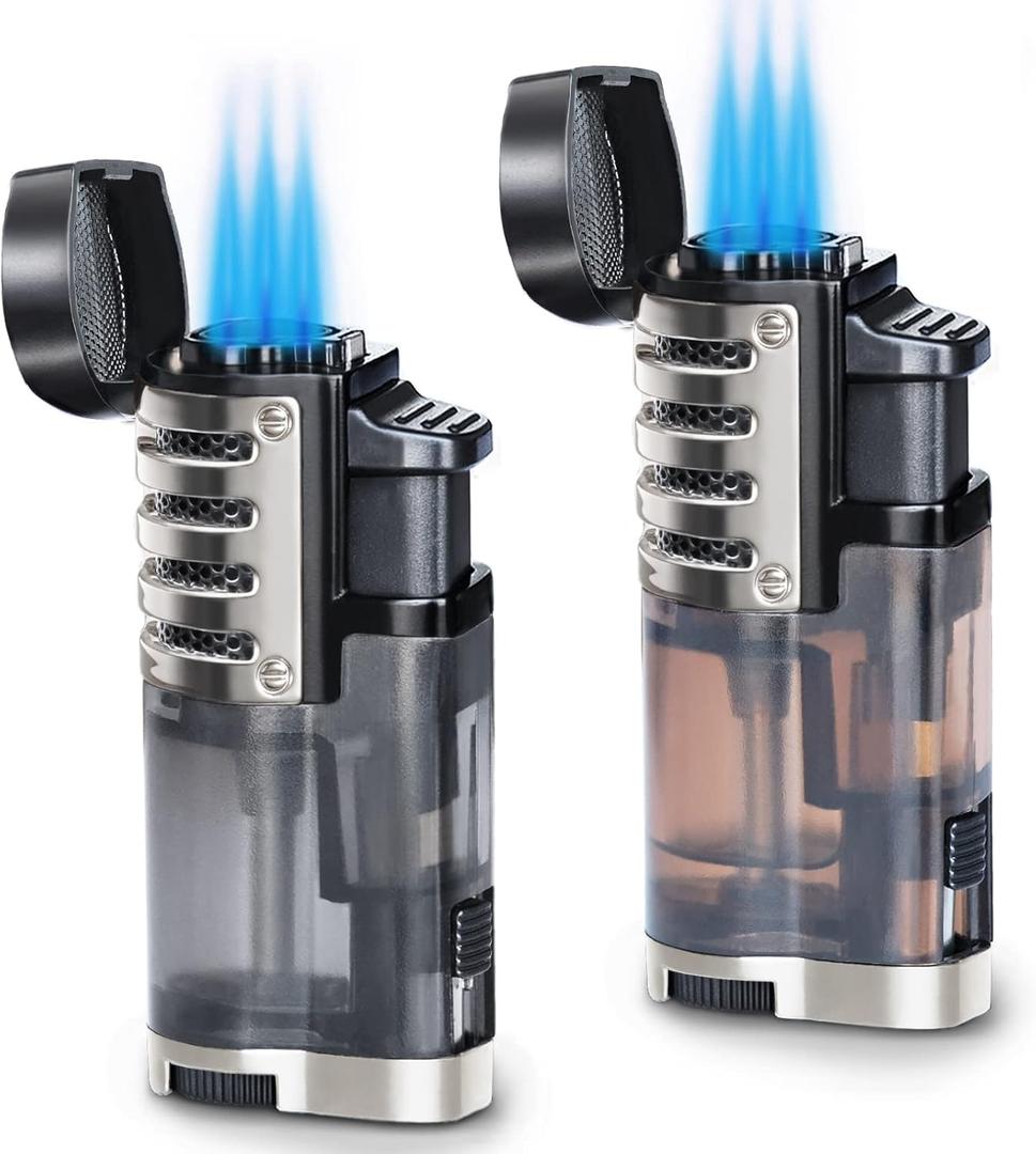 Zoocura Torch Lighter 2 Pack Triple Jet Flame Butane Torch Lighters Refillable Butane Gas Lighters Windproof Adjustable 3 Flame Lighter for Christmas (Without Gas) (Black+brown)
