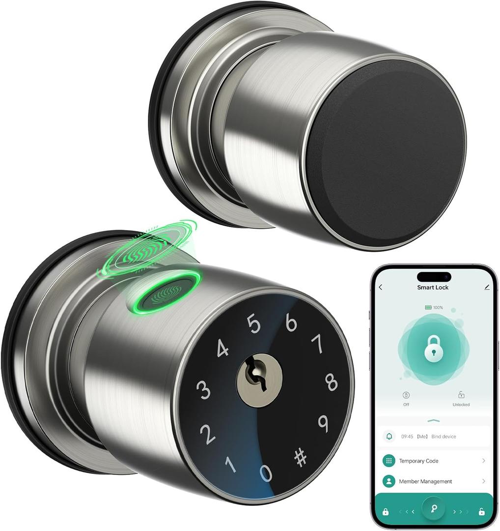 IRONZON Fingerprint Door Knob Fingerprint Door Lock with App Control Smart Door knob for Bedroom, Biometric Door Lock for Apartment Office and Garages Silver