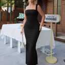 Women's Elegant Sleeveless Square Neck Bodycon Ruched Long Evening Party Dress (Black)